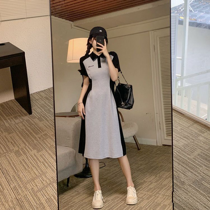 撞色翻領連衣裙